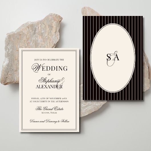 Invitation Classic Oval Black Ivory Striped Old Money Wedding