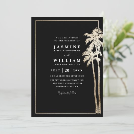Invitation Classic Palm Trees Elegant Modern QR Code Wedding (Debout devant)