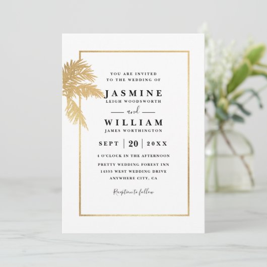 Invitation Classic Palms Trees Elegant Modern QR Code Wedding (Debout devant)