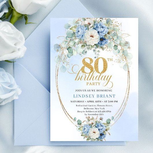 Invitation Classic Pastel Blue Peony Greenery 80th Birthday