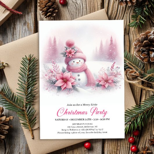 Invitation Classic Pink Snowman Kids Christmas Invite Digital