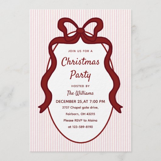 Invitation Classic Pink Stripes & Red Bow Frame Christmas  (Devant)