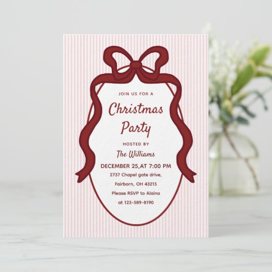 Invitation Classic Pink Stripes & Red Bow Frame Christmas  (Debout devant)