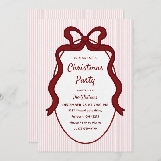Invitation Classic Pink Stripes & Red Bow Frame Christmas  (Devant / Derrière)