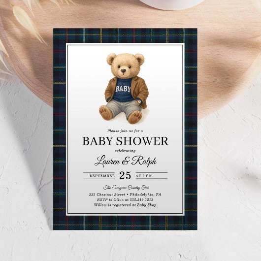 Invitation Classic Plaid Teddy Bear Lauren Baby Shower