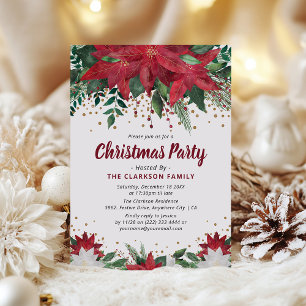 Invitation Classic Poinsietta Floral & Gold Christmas Party