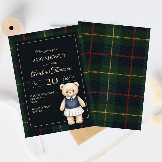 Invitation Classic Polo Teddy Bear Preppy Plaid Baby Shower