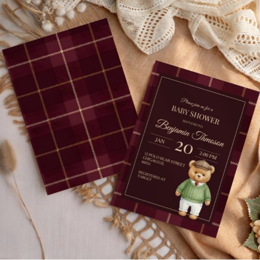 Invitation Classic Polo Teddy Bear Preppy Plaid Baby Shower