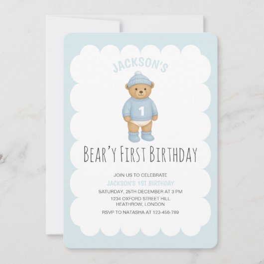Invitation Classic Preppy Bear Blue Boy Birthday (Devant)