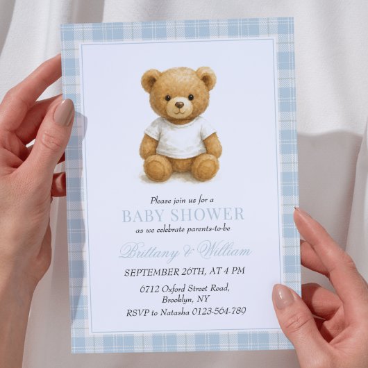 Invitation Classic Preppy Bear Blue Plaid Baby shower Invit