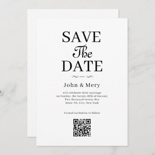 Invitation Classic QR Code Photo Wedding Save The Date (Devant / Derrière)