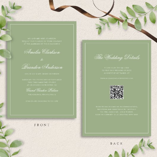 Invitation Classic Real Sage Green Border Wedding QR Code
