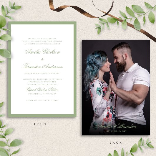Invitation Classic Real Sage Green Script & Photo Wedding