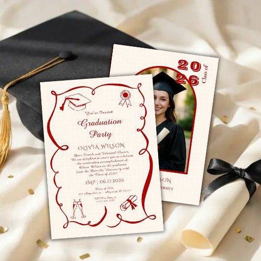 Invitation Classic Red Graduation with Photo Party