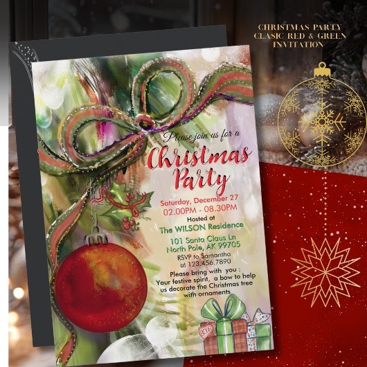 Invitation Classic Red Green Bow Watercolor Christmas Party