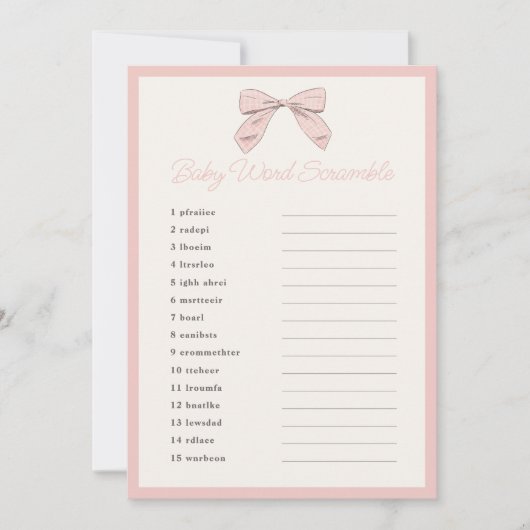Invitation Classic rose Bow Baby shower Word Scramble Jeu (Devant)