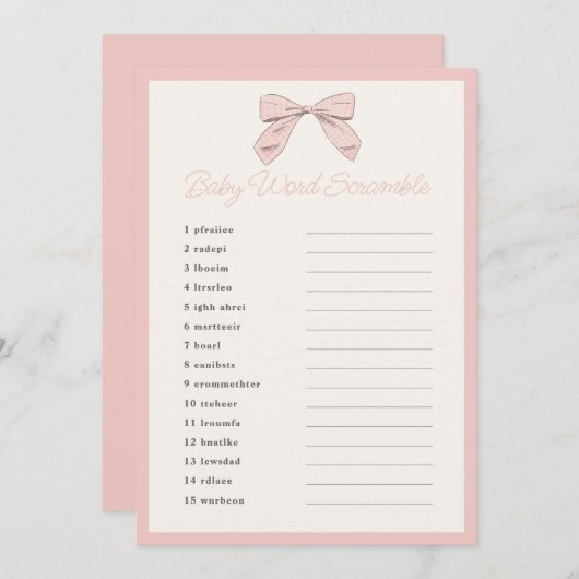 Invitation Classic rose Bow Baby shower Word Scramble Jeu (Devant / Derrière)