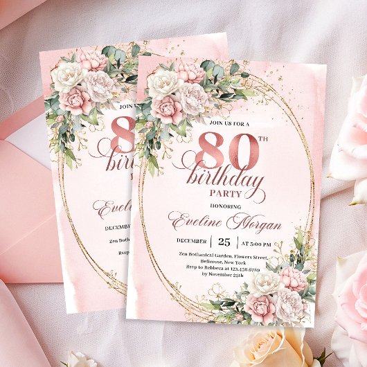 Invitation Classic Rose Gold Floral Greenery 80th Birthday 