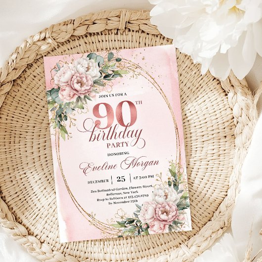 Invitation Classic Rose Gold Floral Greenery 90th Birthday 