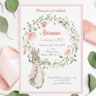Invitation Classic rose Pierre le lapin Floral Anniversaire