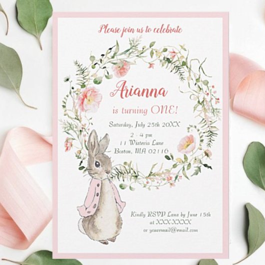Invitation Classic rose Pierre le lapin Floral Anniversaire