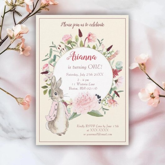 Invitation Classic rose Pierre le lapin Floral Anniversaire