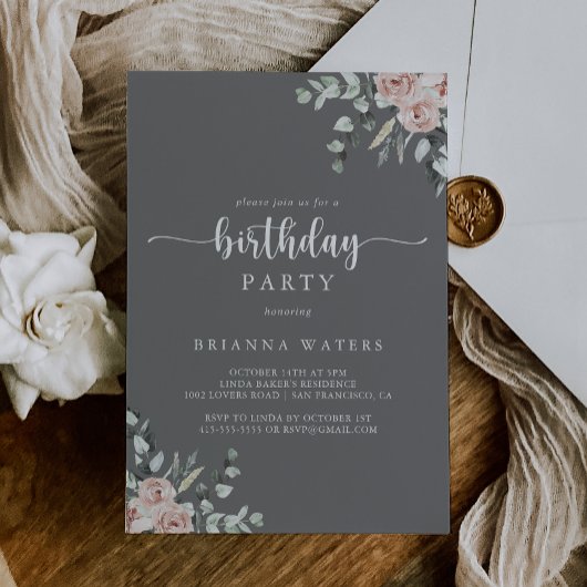 Invitation Classic Rose Rose Floral Grey fête d'anniversaire
