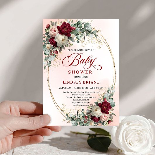 Invitation Classic Rustic Burgundy Peonies Gold Baby Shower
