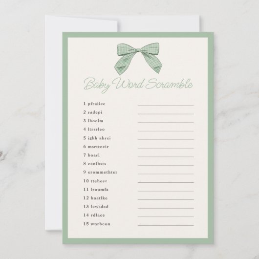 Invitation Classic Sage Bow Baby shower Word Scramble Jeu (Devant)