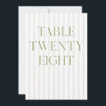 Invitation Classic Sage Green & Beige Mariage 28 Numéro de ta<br><div class="desc">Ce numéro de table élégant présente un arrière - plan rayé beige doux avec une typographie de sauge verte raffinée et des accents de script subtils. Conçu pour les mariages de jardin, les réceptions raffinées et les célébrations de plein air intemporelles. Coordonnées avec la collection de Faire-part de mariage "Iris"...</div>