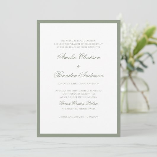 Invitation Classic Sage Green Border Script Détails du Mariag (Debout devant)