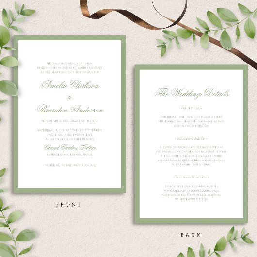Invitation Classic Sage Green Border Script Wedding Details &
