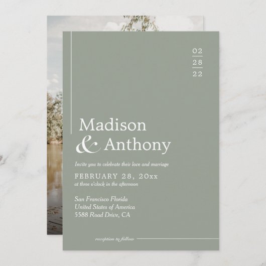 Invitation Classic Sage Green Budget Script Mariage photo (Devant / Derrière)