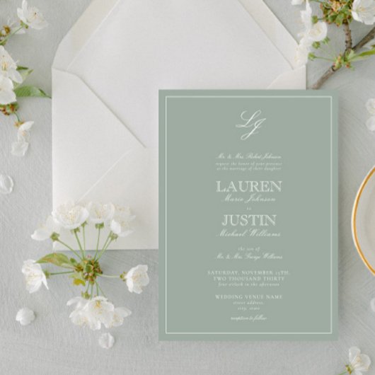 Invitation Classic Sage Green Calligraphie Monogramme Mariage