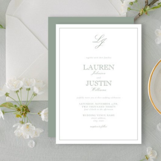 Invitation Classic Sage Green Calligraphie Monogramme Mariage