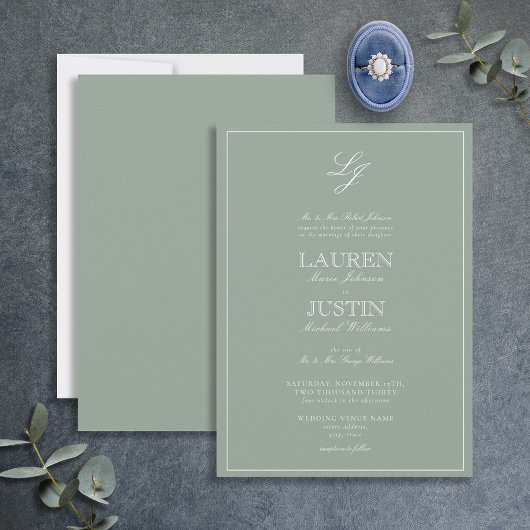 Invitation Classic Sage Green Calligraphie Monogramme Mariage