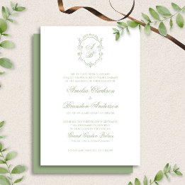 Invitation Classic Sage Green Floral Monogram Crest Wedding