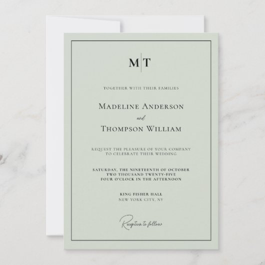 Invitation Classic Sage Green Monogramme Mariage photo fronti (Devant)