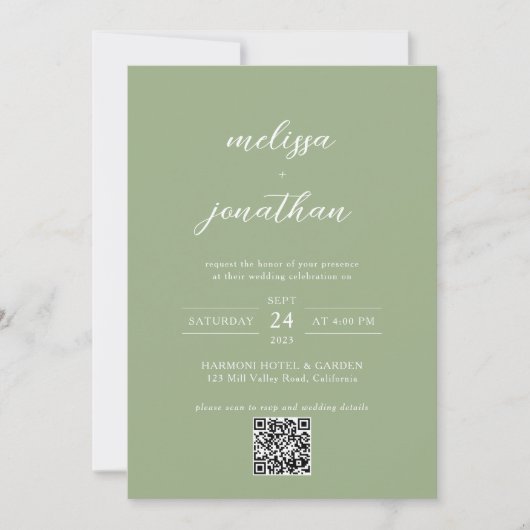 Invitation Classic Sage Green Photo Script QR Code Wedding (Devant)
