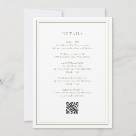 Invitation Classic Sage Green QR Code Mariage élégant (Dos)