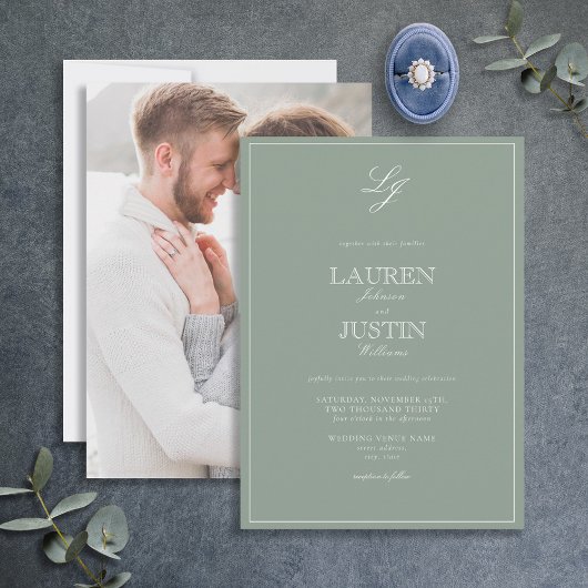 Invitation Classic Sage Green Script Monogramme Mariage photo