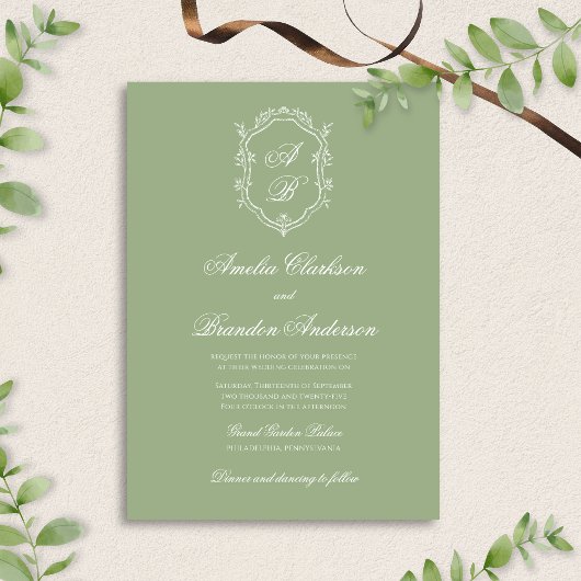 Invitation Classic Sage Green & White Monogram Crest Wedding