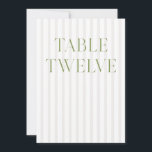 Invitation Classic Sage Vert & Beige Mariage 12 Numéro de tab<br><div class="desc">Ce numéro de table élégant présente un arrière - plan rayé beige doux avec une typographie de sauge verte raffinée et des accents de script subtils. Conçu pour les mariages de jardin, les réceptions raffinées et les célébrations de plein air intemporelles. Coordonnées avec la collection de Faire-part de mariage "Iris"...</div>