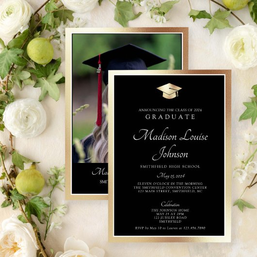 Invitation Classic Script Black & Gold Photo Graduation