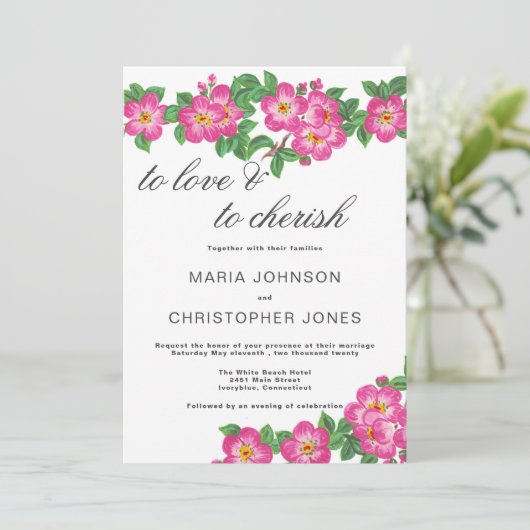 Invitation Classic script bright pink green floral wedding (Debout devant)