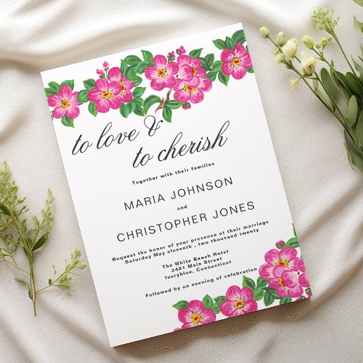 Invitation Classic script bright pink green floral wedding
