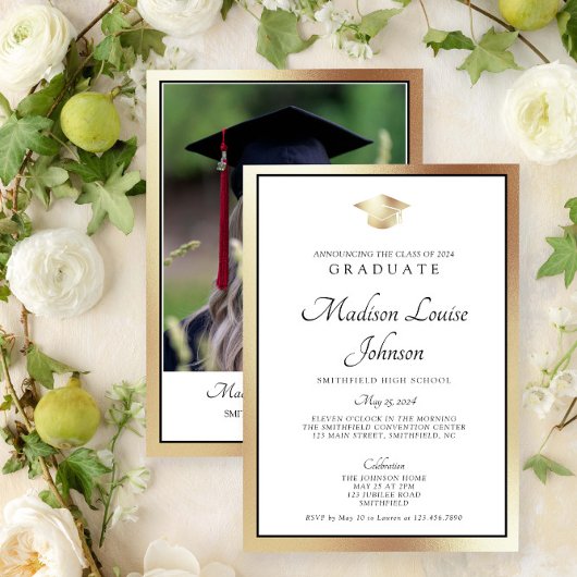 Invitation Classic Script Gold Photo Graduation
