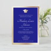Invitation Classic Script Marine Blue & Gold Photo Graduation (Debout devant)