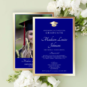 Invitation Classic Script Marine Blue & Gold Photo Graduation