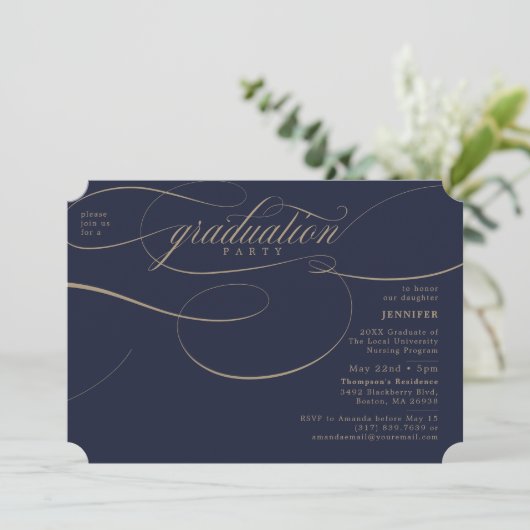 Invitation Classic Script Navy & Gold Graduation Party (Debout devant)